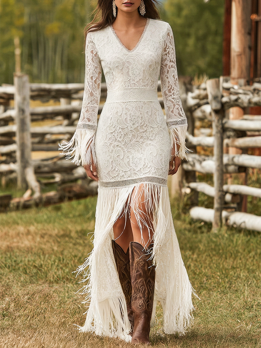 Elegant women's floral fringe maxi dress, V-neck long sleeve, perfect as an evening or bohemian formal gown.