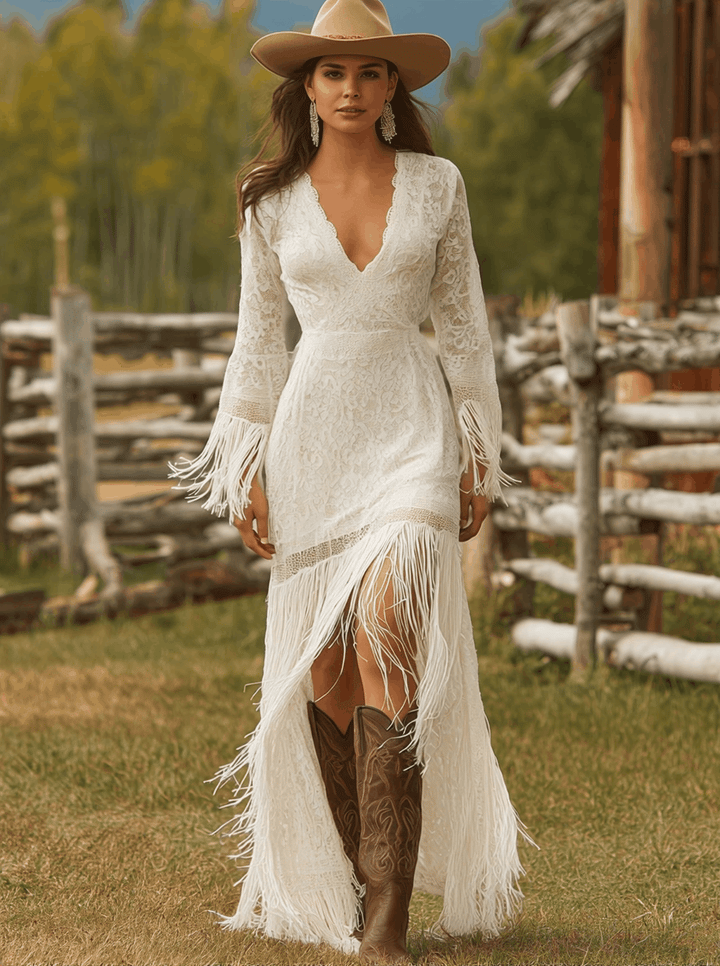 Romantic V-neck long sleeve floral maxi dress for women, with flowing fringe details. Ideal formal evening gown.