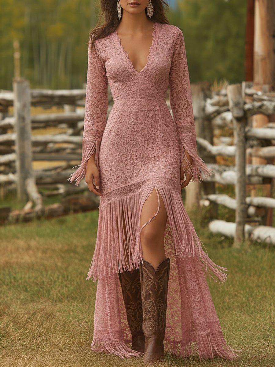 Stunning women's floral print maxi dress featuring an elegant V-neckline, long sleeves, and chic fringe trim.