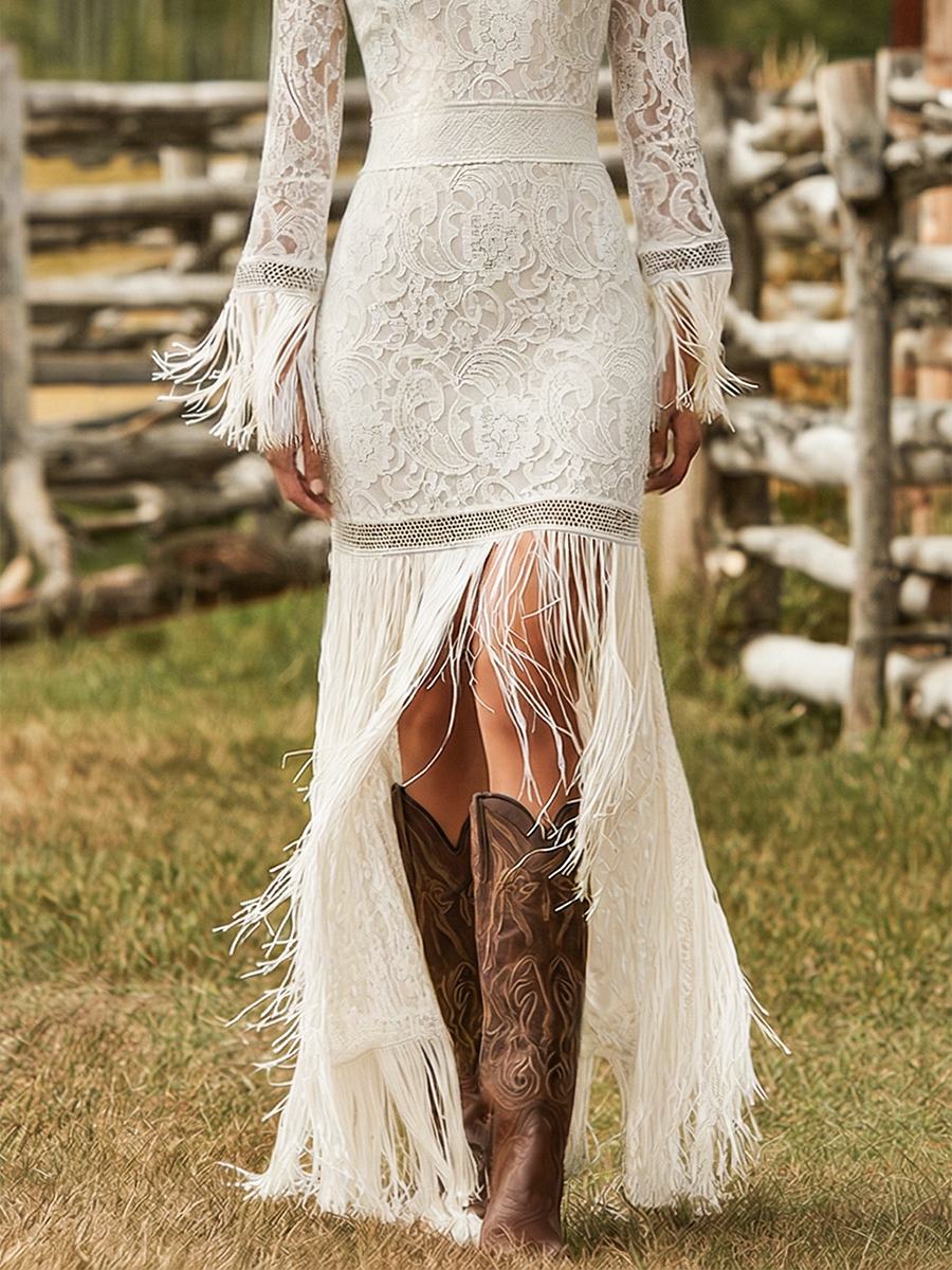 Full-length women's floral fringe maxi dress with V-neck, long sleeves. An elegant choice for evening galas.