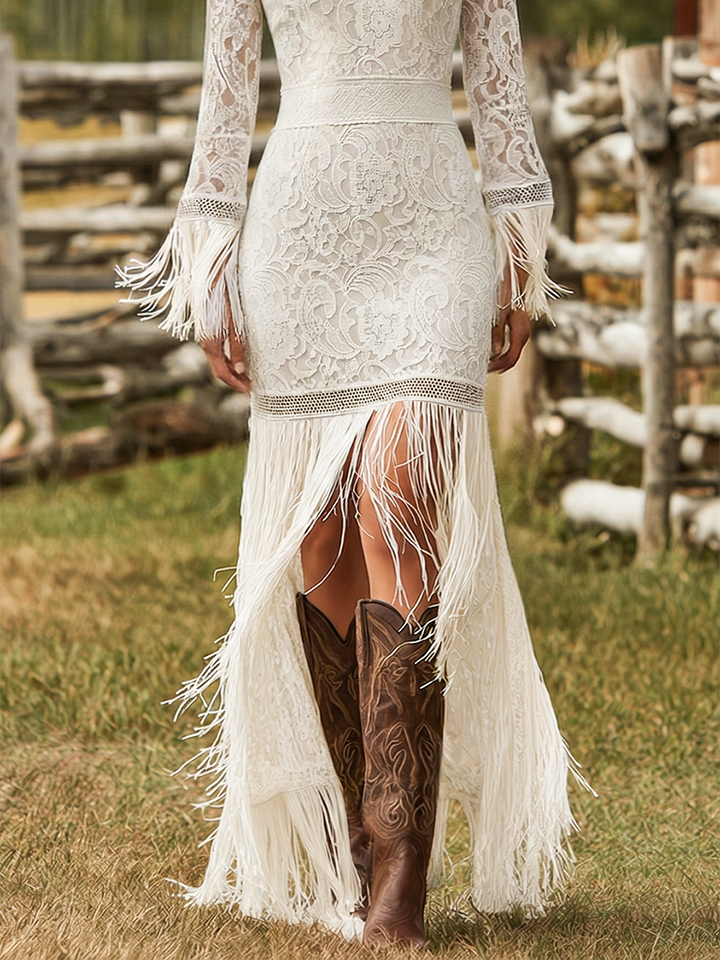 Full-length women's floral fringe maxi dress with V-neck, long sleeves. An elegant choice for evening galas.