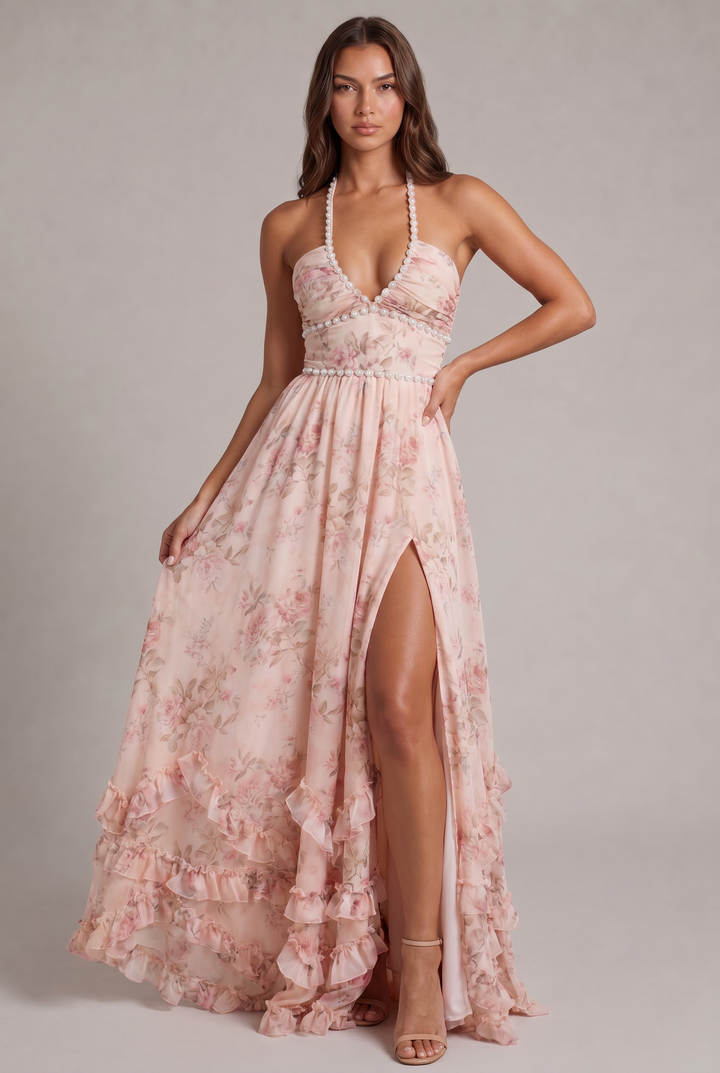 Elegant women's floral halter maxi dress. Flowing style, ideal for summer parties & special occasions.