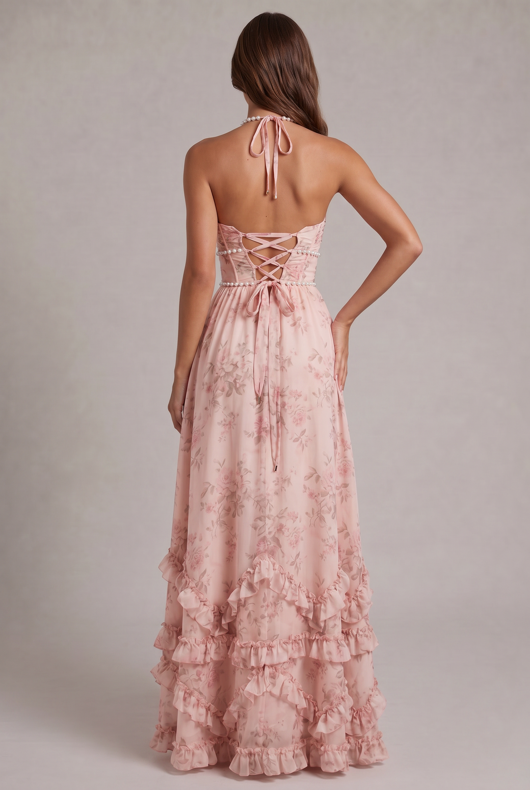 Vibrant floral print women's maxi dress with halter neckline. An elegant choice for summer events & occasions.