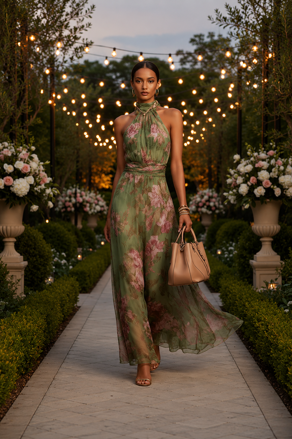 Elegant women's floral halter maxi dress, perfect for summer parties & beach vacations. Features flowy fabric & vibrant print.