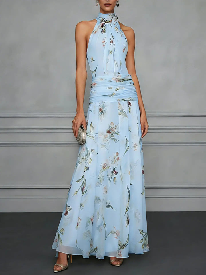 Elegant women's floral halter maxi dress, perfect for summer events, wedding guests, and outdoor parties.