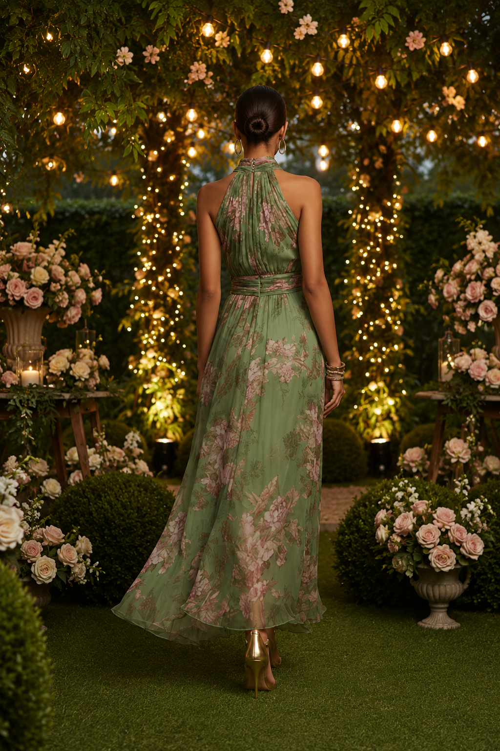 Stylish women's floral halter maxi dress, a chic and comfortable sleeveless option for elegant parties or beach wear.