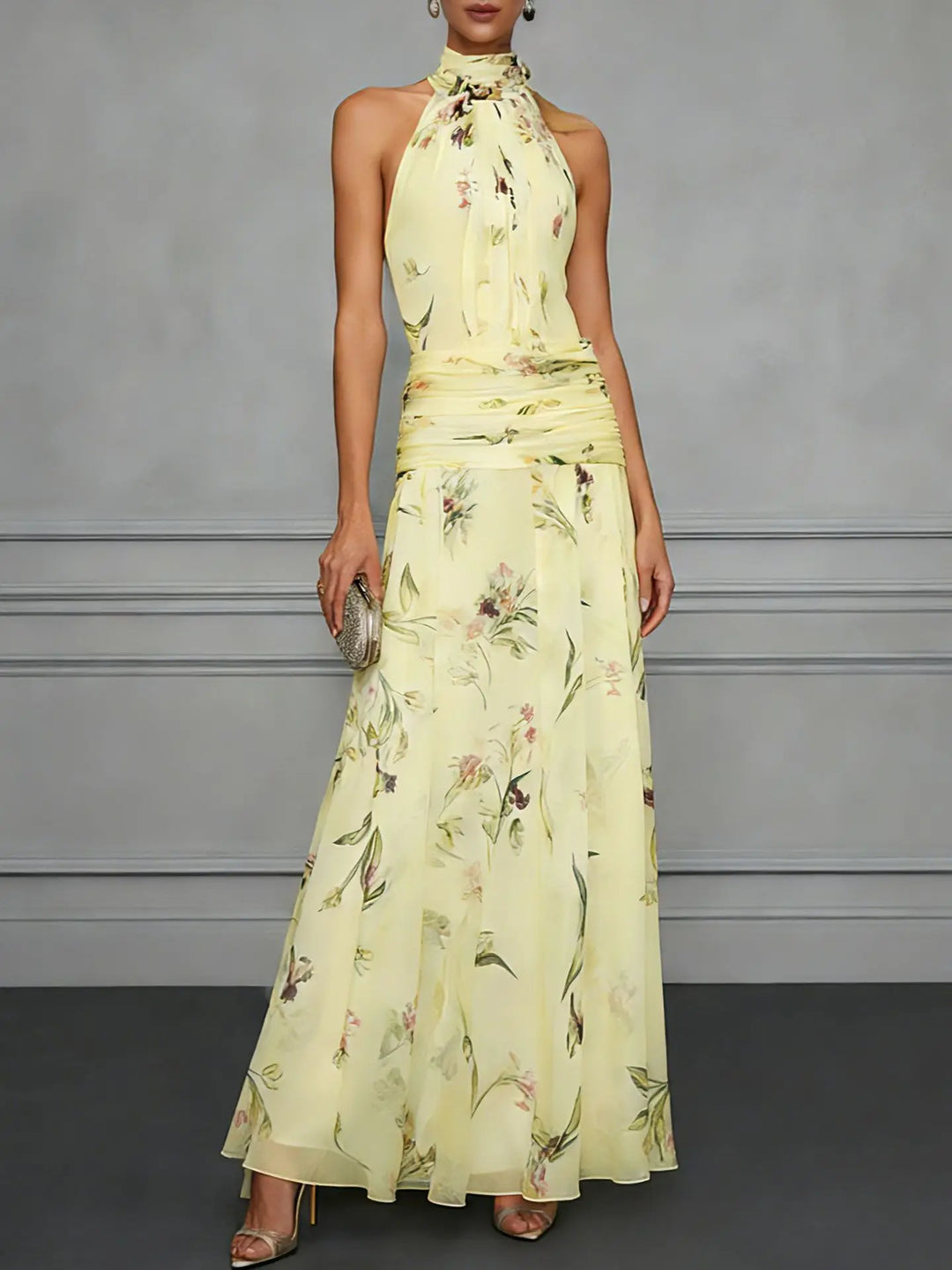 Stylish A-line floral print maxi dress with halter neckline for women, ideal for summer fashion & events.