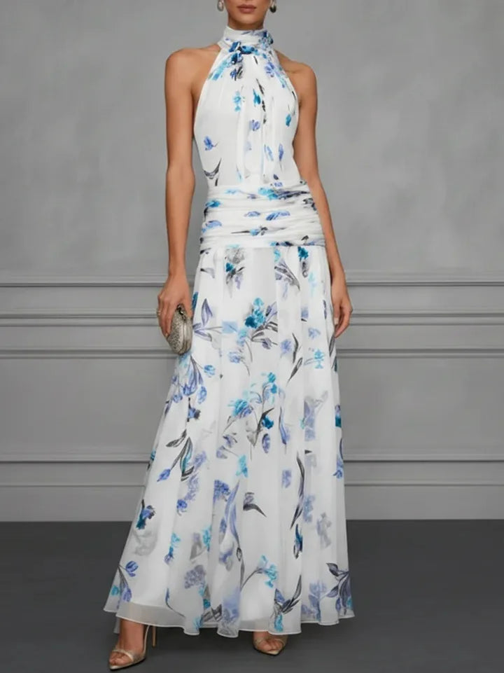 Beautiful women's floral halter maxi dress, an elegant summer event dress for outdoor celebrations.