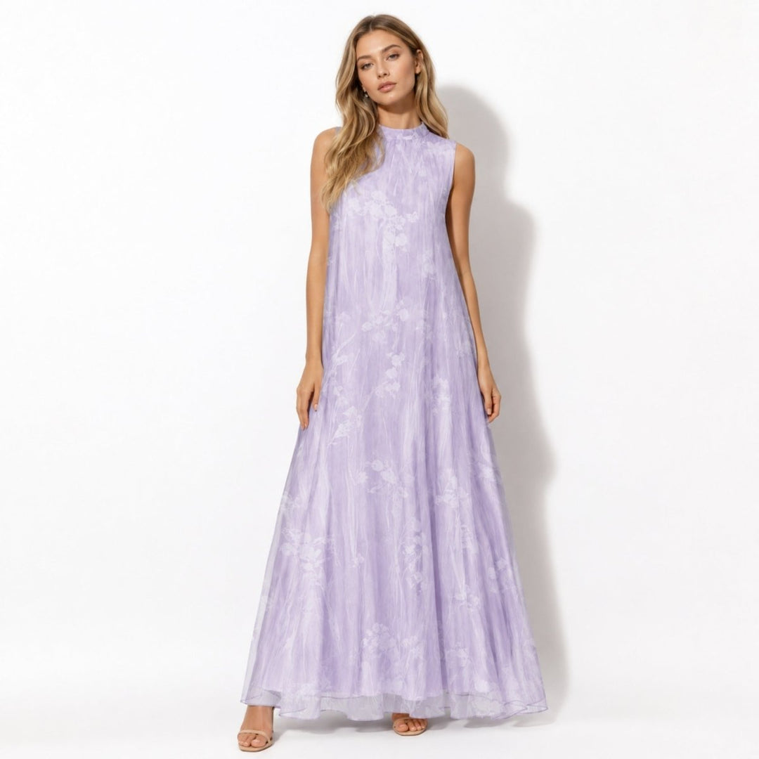 Elegant women's floral high neck maxi dress, perfect for wedding guests. Flowy silhouette, formal evening gown.