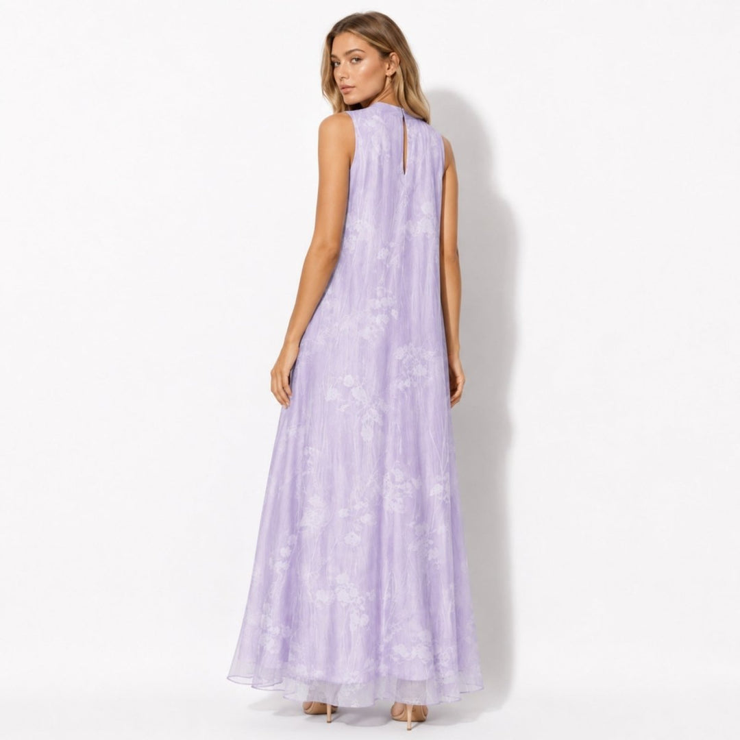 Chic women's high neck floral maxi dress with elegant flowing skirt, perfect formal wear for special occasions.
