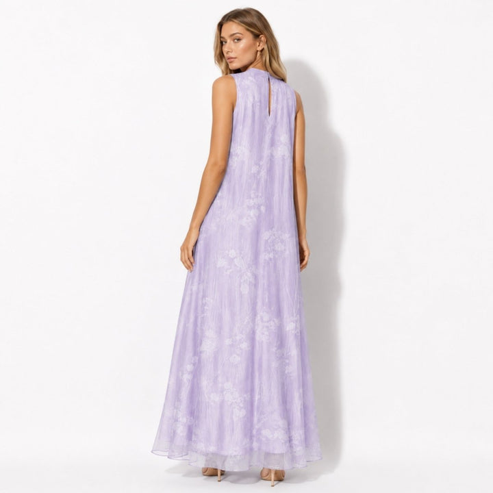Chic women's high neck floral maxi dress with elegant flowing skirt, perfect formal wear for special occasions.