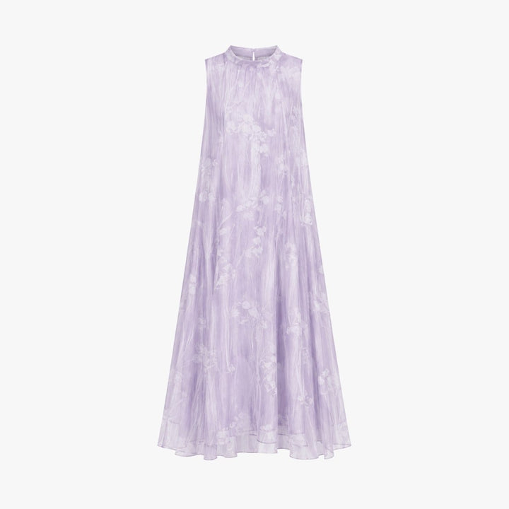 Full-length view of a women's elegant floral high neck maxi dress, a graceful choice for wedding guest attire.