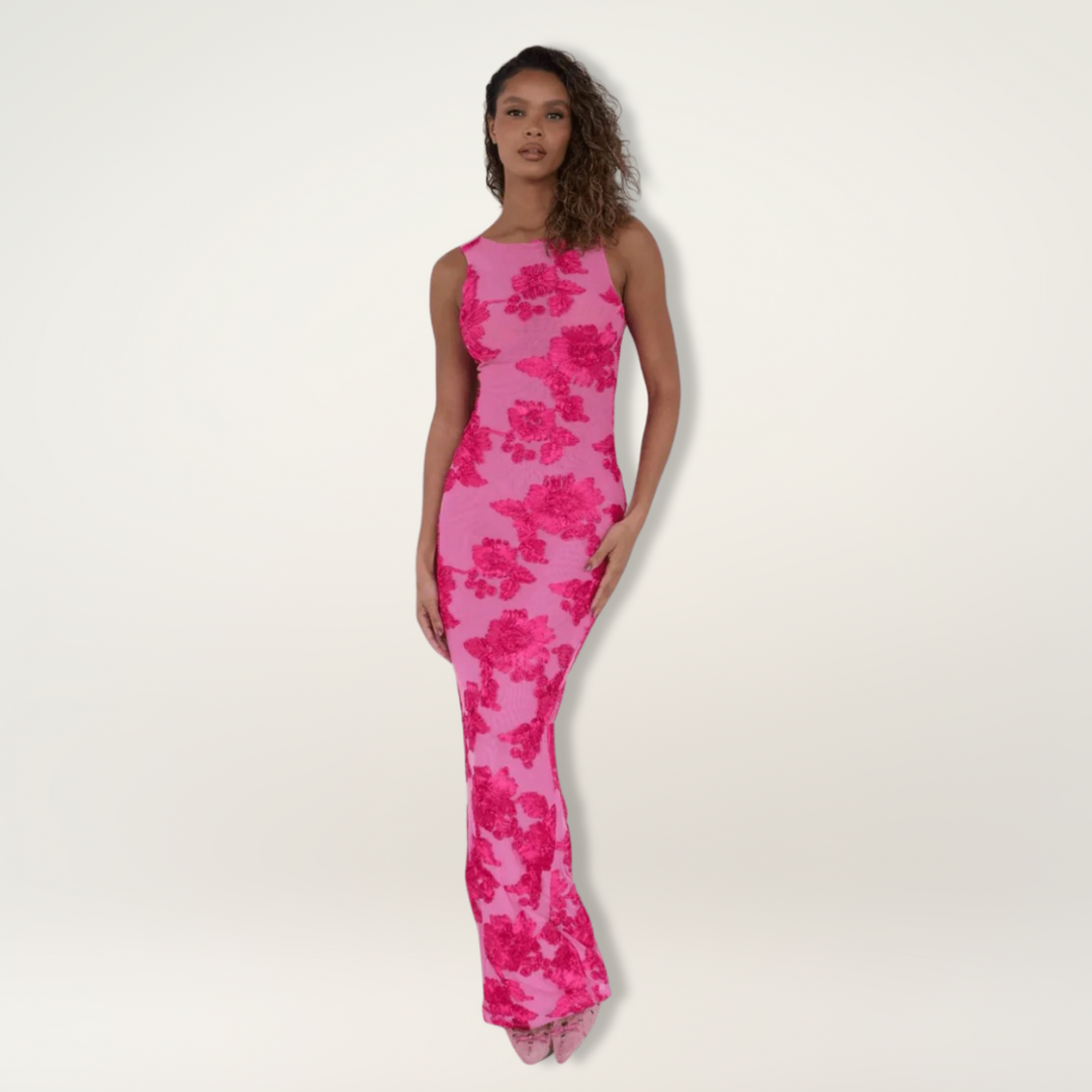 Elegant women's floral high-neck maxi wedding guest dress. Perfect for special occasions & formal events.