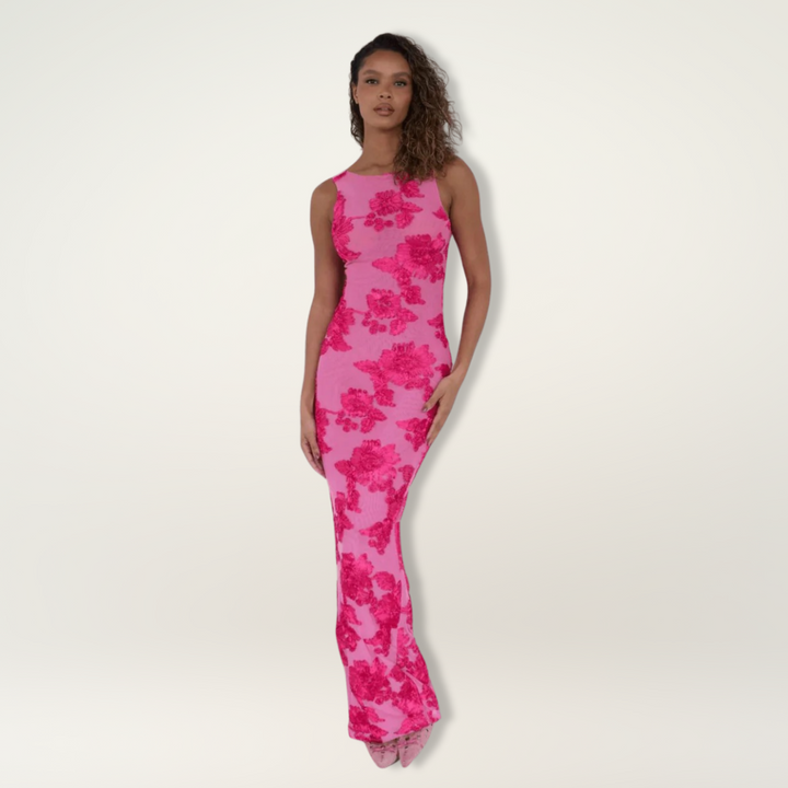 Elegant women's floral high-neck maxi wedding guest dress. Perfect for special occasions & formal events.