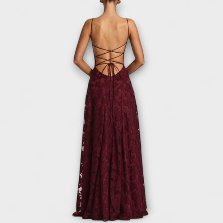 Beautiful women's A-line floral lace maxi dress, perfect as a wedding guest or for an elegant party.