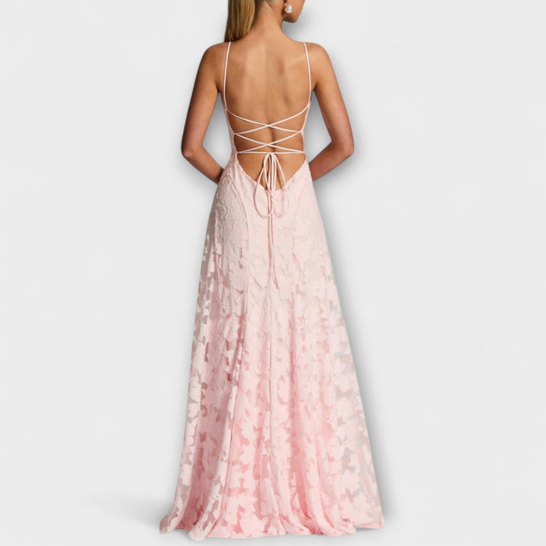 Elegant women's A-line floral lace maxi dress, flattering and formal for summer evening events.