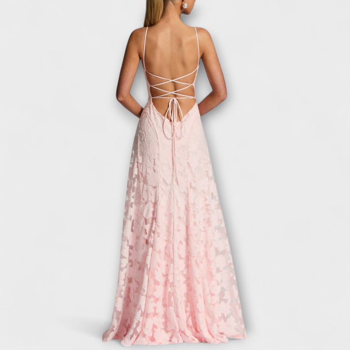 Elegant women's A-line floral lace maxi dress, flattering and formal for summer evening events.