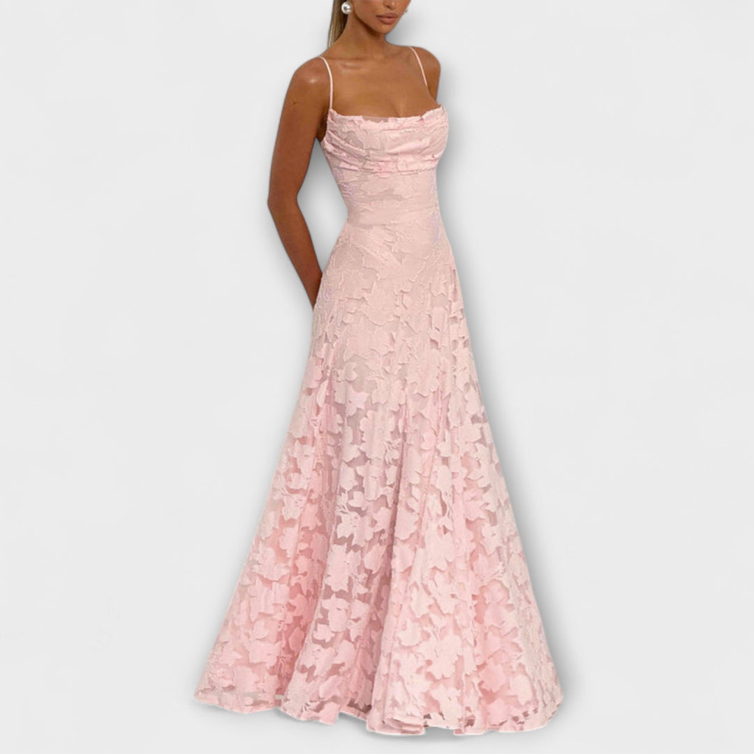 Women's sophisticated floral lace evening maxi dress, designed for formal events and special occasions.
