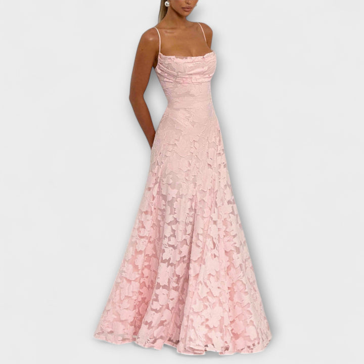 Women's sophisticated floral lace evening maxi dress, designed for formal events and special occasions.