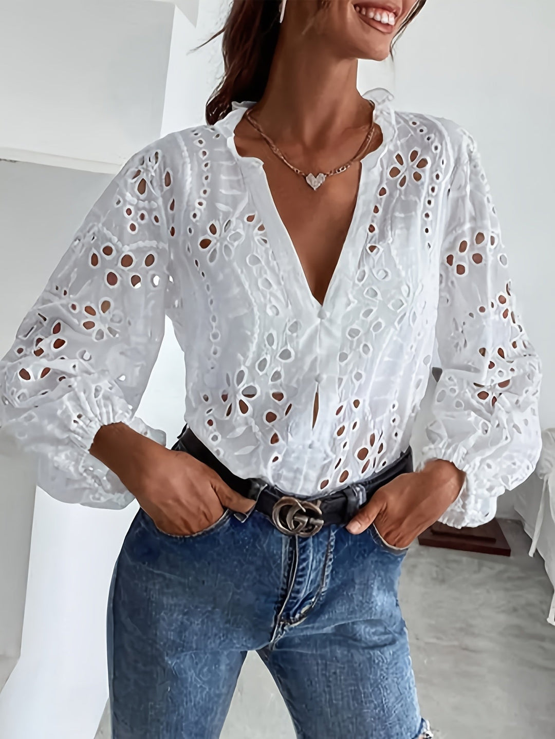 Sophisticated women's floral long-sleeve button blouse, versatile for office wear or stylish casual fall outfits.