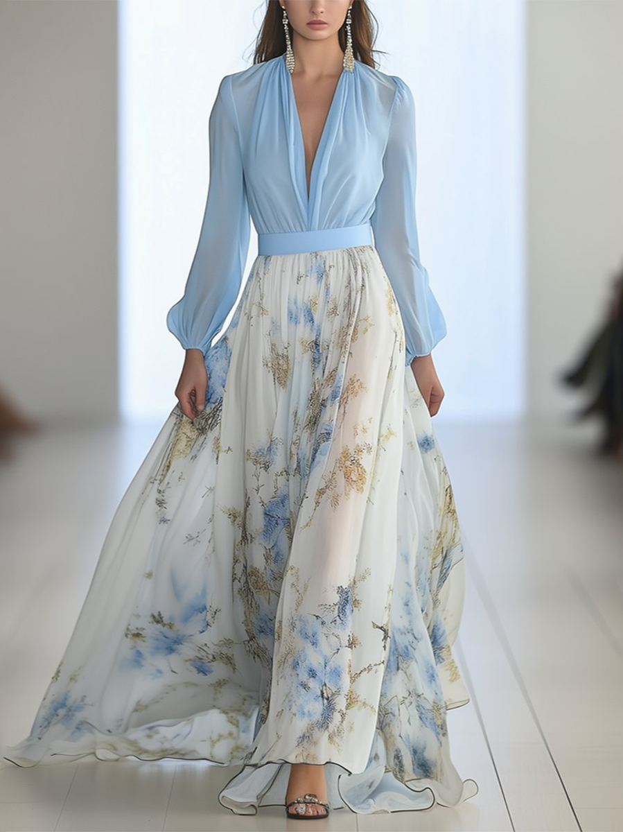 Elegant women's floral maxi dress with a flowing silhouette, perfect for summer or vacation. Features a comfortable V-neck.
