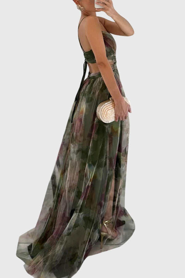 Crisscross strap women's floral maxi dress, an elegant and flowy patterned summer vacation dress.