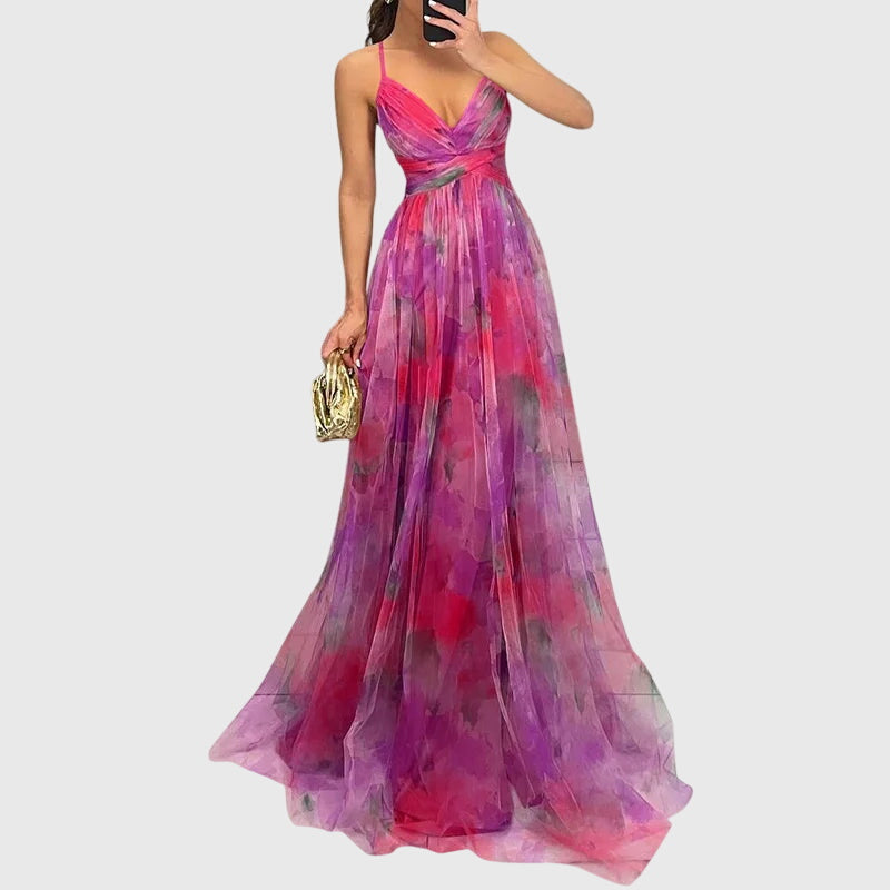 Elegant women's floral crisscross strap maxi dress, a flowy summer beach or vacation dress.