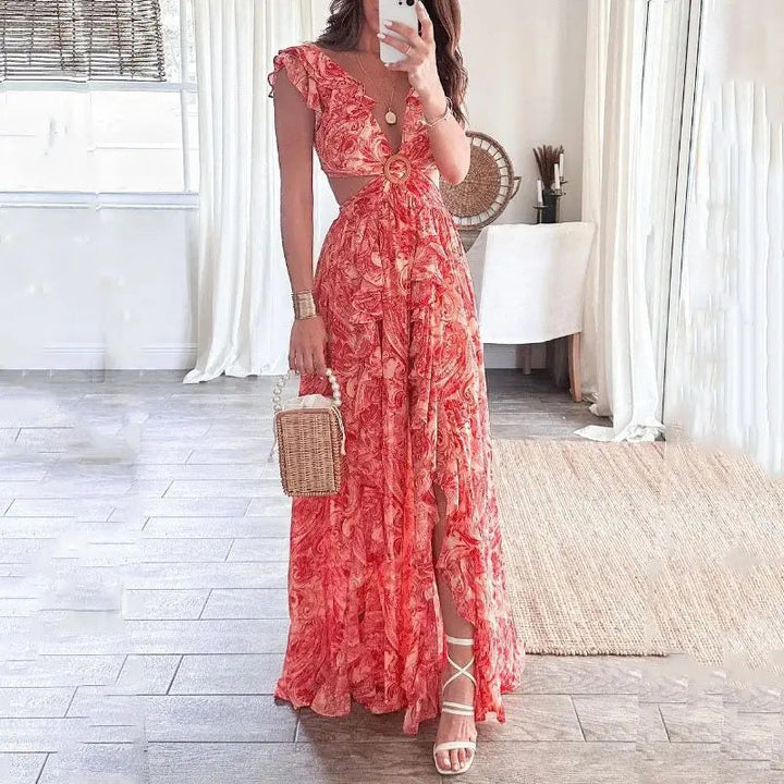 Elegant women's floral maxi dress with delicate ruffle sleeves, ideal for summer parties & vacations.