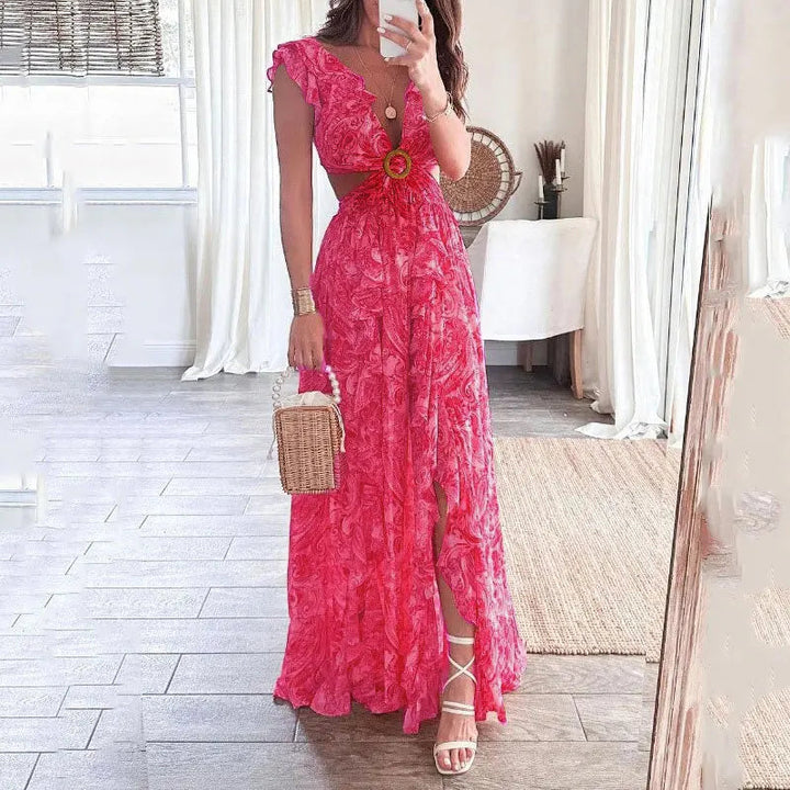Vibrant floral print women's maxi dress with stylish ruffle sleeves, great for elegant events & everyday wear.