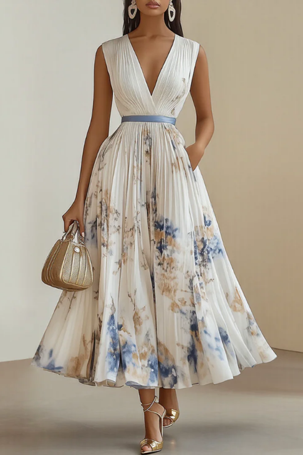 Elegant women's floral maxi dress with long sleeves & V-neck, perfect for spring & summer fashion.