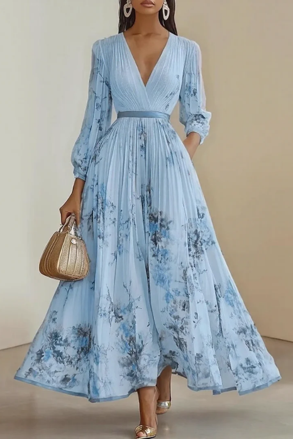 Women's long sleeve floral print maxi dress, elegant V-neck design for parties or casual spring wear.
