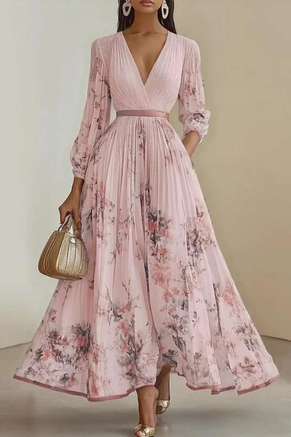 Versatile floral maxi dress for women, long sleeves, V-neck, suitable for elegant parties or casual summer days.
