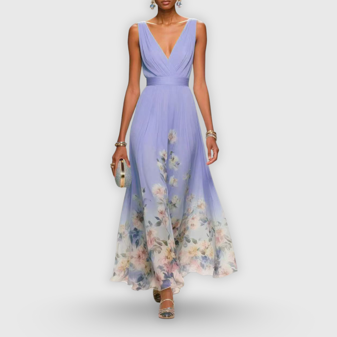 Stylish women's floral maxi dress, a sleeveless V-neck gown suitable for formal occasions, parties, and summer wear.