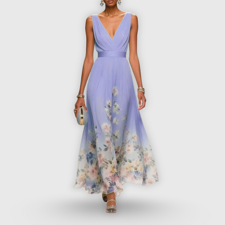 Stylish women's floral maxi dress, a sleeveless V-neck gown suitable for formal occasions, parties, and summer wear.