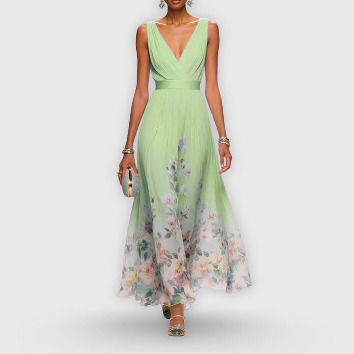 Fashionable women's floral maxi dress, a sleeveless V-neck formal gown for elegant garden parties & summer events.