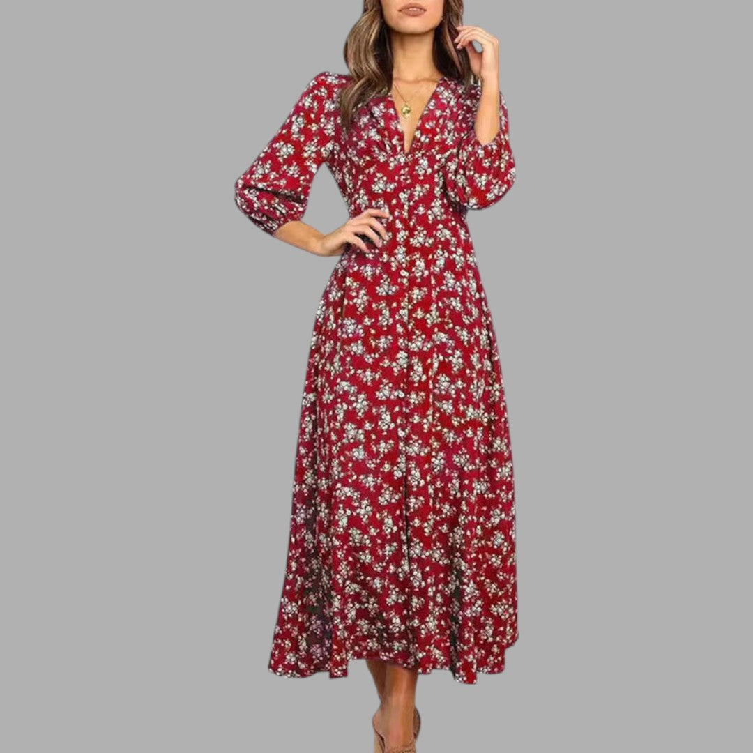 Elegant women's floral midi dress, perfect for semi-formal occasions, featuring a graceful, comfortable design.