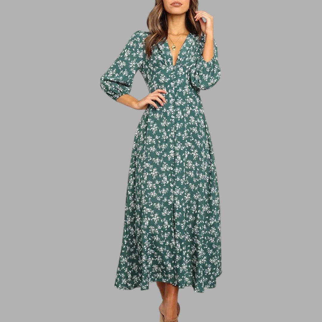 Graceful women's floral midi dress, ideal for spring/summer parties, offering elegant style and comfort.