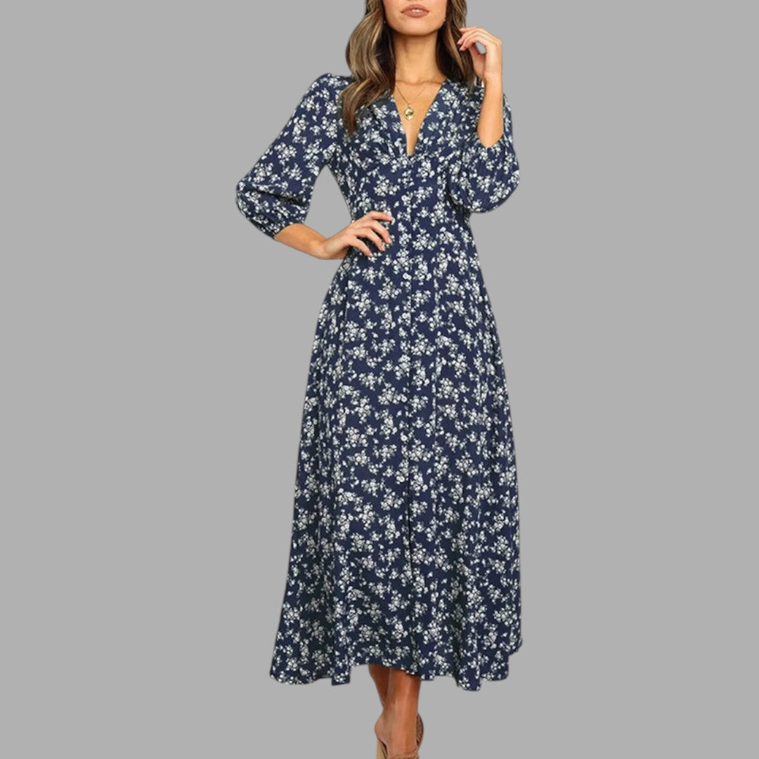 Stylish women's patterned midi dress, an elegant choice for any occasion, from casual to semi-formal wear.