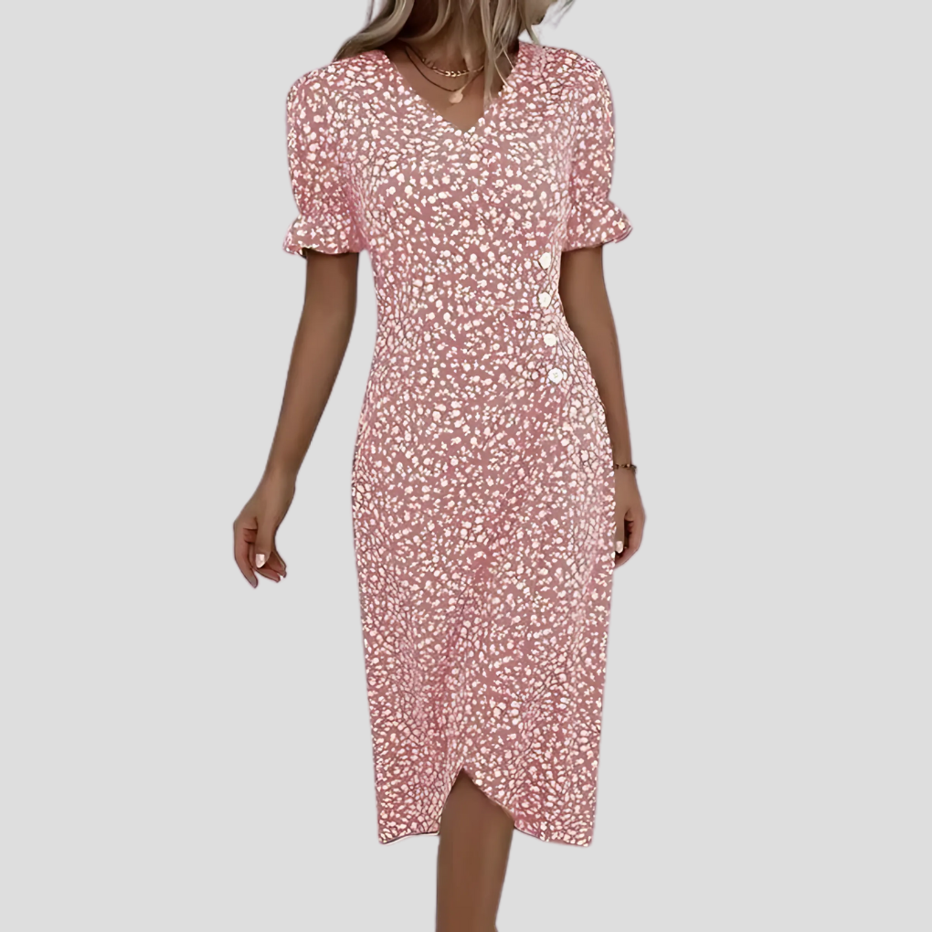 Chic floral midi dress for women, elegant summer style with V-neck. Perfect casual beach or spring fashion.