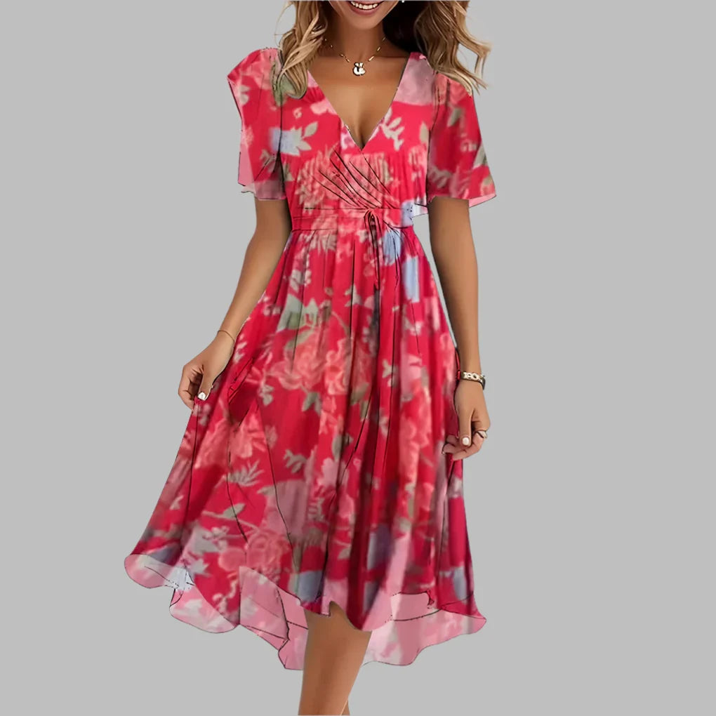 Stylish women's floral print midi dress with flattering ruching & a comfortable, elegant design.