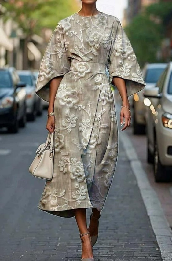 Elegant women's floral midi dress with kimono sleeves & belted waist, perfect for parties & formal events.