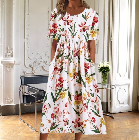 Elegant women's floral midi dress with short sleeves, perfect for spring & summer casual wear.