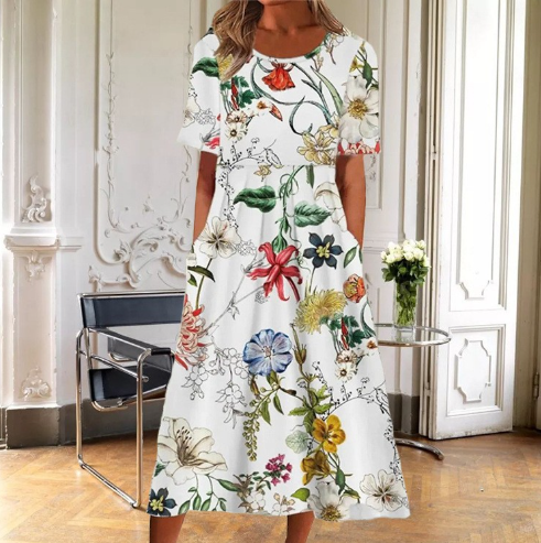 Versatile women's floral midi dress with short sleeves. Elegant for spring, comfortable for summer day wear.