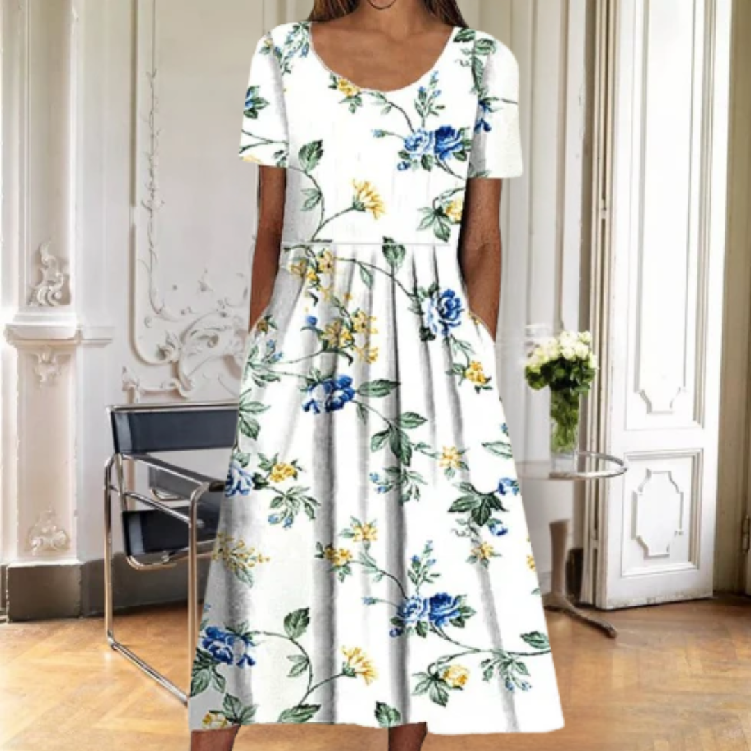 Beautiful women's floral midi dress, short sleeves. An elegant & comfortable summer/spring day dress.