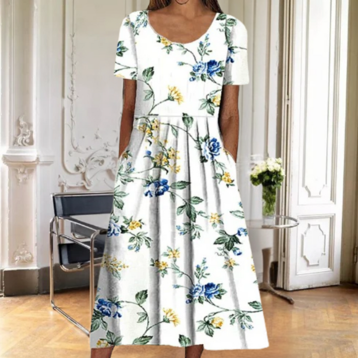 Beautiful women's floral midi dress, short sleeves. An elegant & comfortable summer/spring day dress.