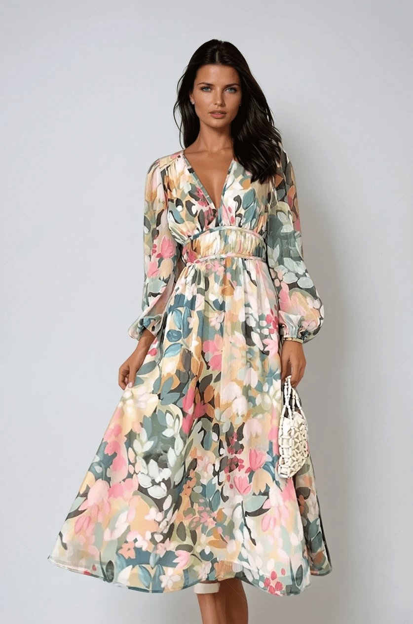 Elegant women's floral midi dress with V-neck, long sleeves, perfect for wedding guests & parties.