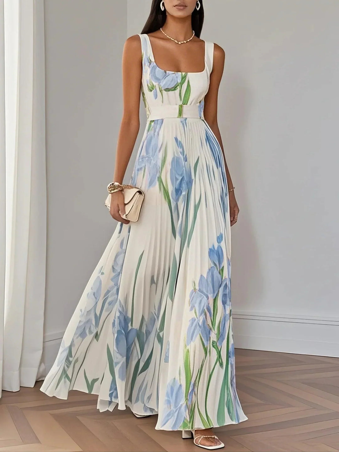 Elegant women's floral pleated maxi dress, perfect for wedding guests & formal special occasions.