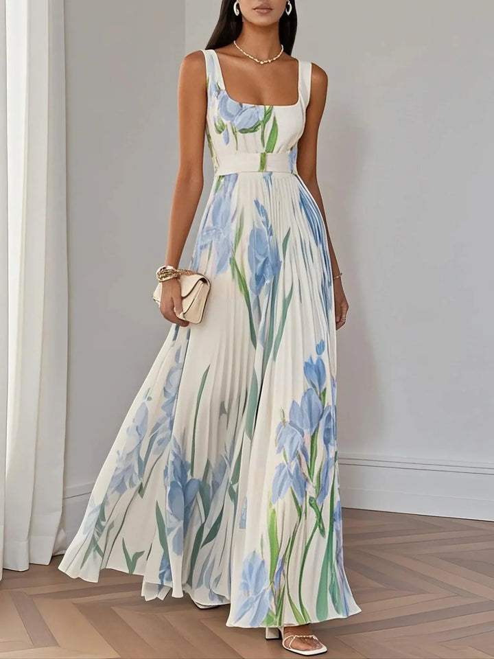 Elegant women's floral pleated maxi dress, perfect for wedding guests & formal special occasions.