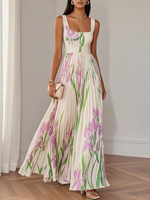 Elegant women's floral pleated maxi dress, perfect for formal occasions and wedding guests.