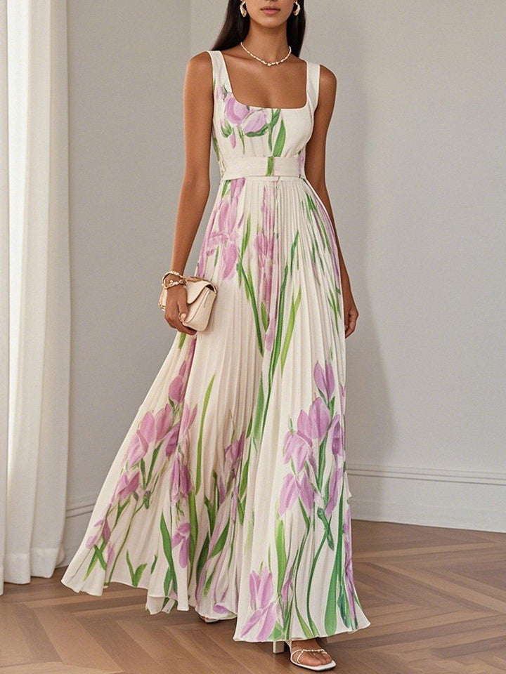 Sleeveless square neck floral maxi dress for women, ideal elegant wedding guest attire.